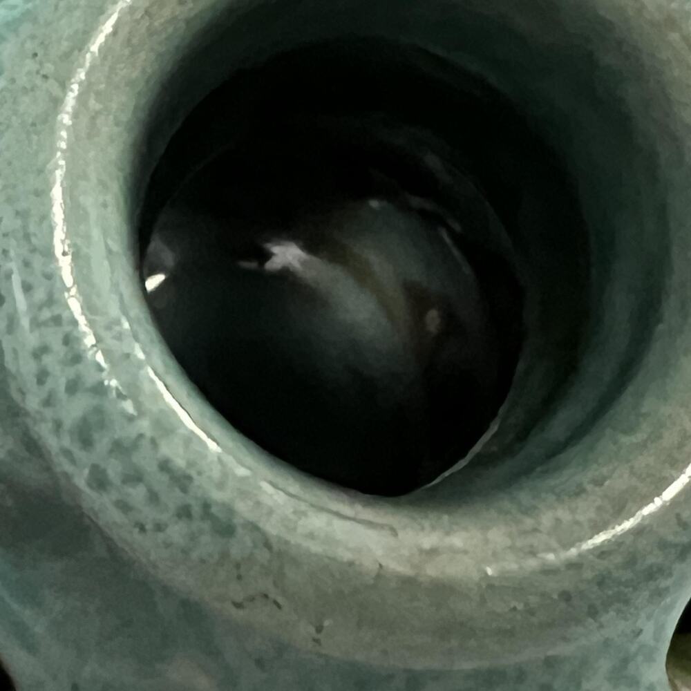 Vintage Turquoise Pottery Pansy Pot Vase Flower Frog Double Handle Jug Handmade - Picture 10 of 10